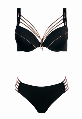 czarny strój kąpielowy z ozdobnymi paskami