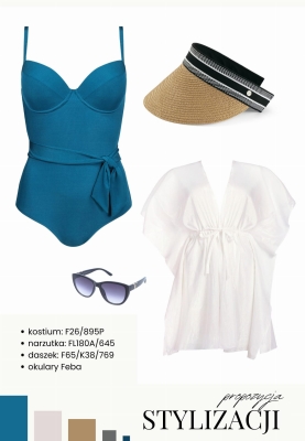 turkusowy strój jednoczęściowy prążkowany z pasem