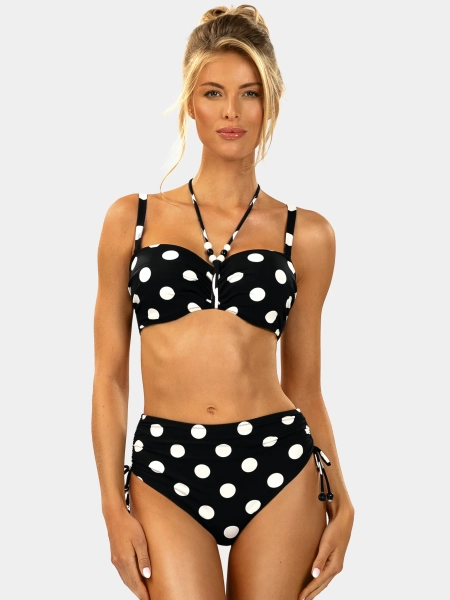 stroj-dwuczesciowy-czarne-bikini-wysoki-stan-retro-biale-grochy-FL13-917-przód