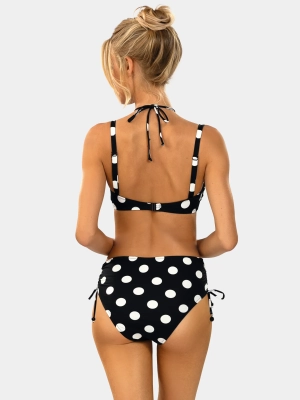 stroj-dwuczesciowy-czarne-bikini-wysoki-stan-retro-biale-grochy-FL13-917-tył
