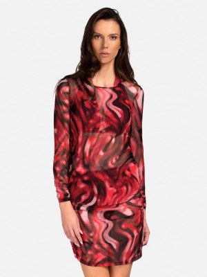 Transparentna letnia sukienka w bordowy print _1