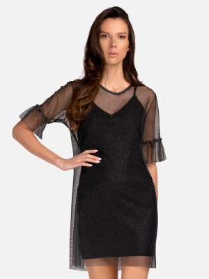 Letnia połyskująca sukienka z halką 2w1 czarna_2