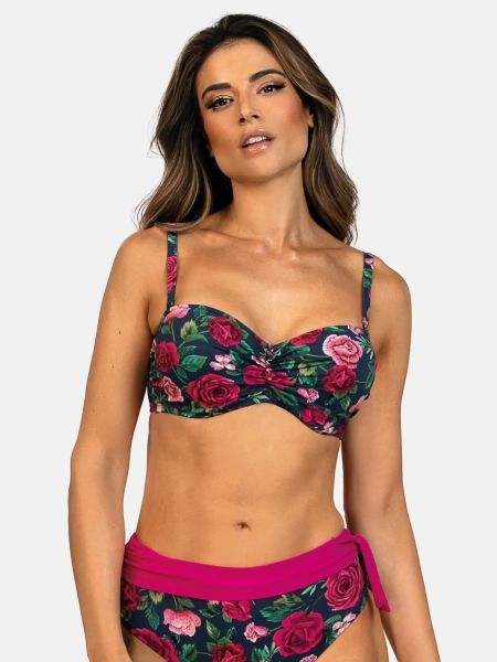 granatowy-biustonosz-kapielowy-bardotka-w-rozowe-roze-modelka-przod