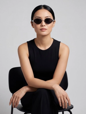 czarne-owalne-okulary-przeciwsloneczne-marc-silver-na-modelce-przod