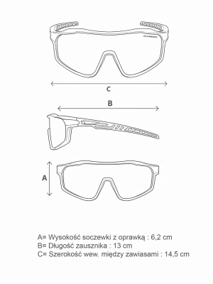 Schemat wymiarów sportowych okularów przeciwsłonecznych Speed.