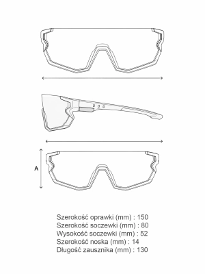 Schemat wymiarów sportowych okularów przeciwsłonecznych Shadow.