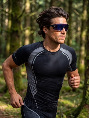 Czarne sportowe okulary przeciwsłoneczne Shadow II na modelu w leśnym plenerze.